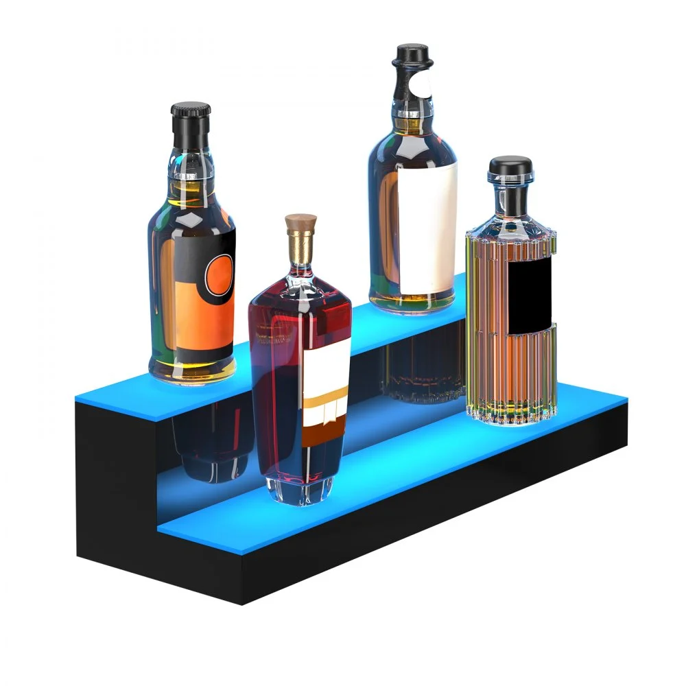 VEVOR Exhibidor de botellas de licor con luz LED, 2 niveles de 24 pulgadas, compatible con USB, estante de barra iluminado para el hogar con control remoto RF y control de aplicación, 7 colores estáticos, s