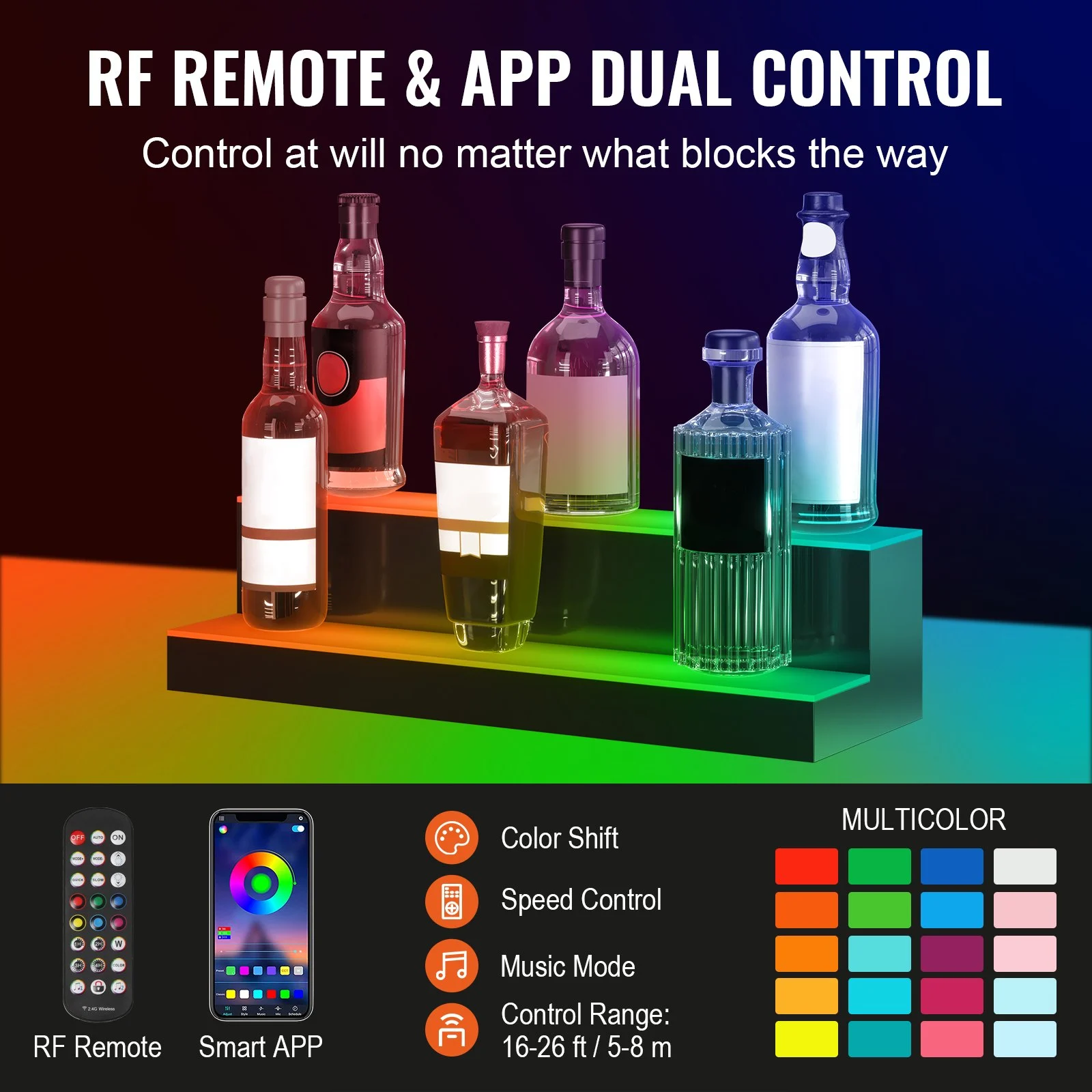 VEVOR Exhibidor de botellas de licor con luz LED, 2 niveles de 24 pulgadas, compatible con USB, estante de barra iluminado para el hogar con control remoto RF y control de aplicación, 7 colores estáticos, s