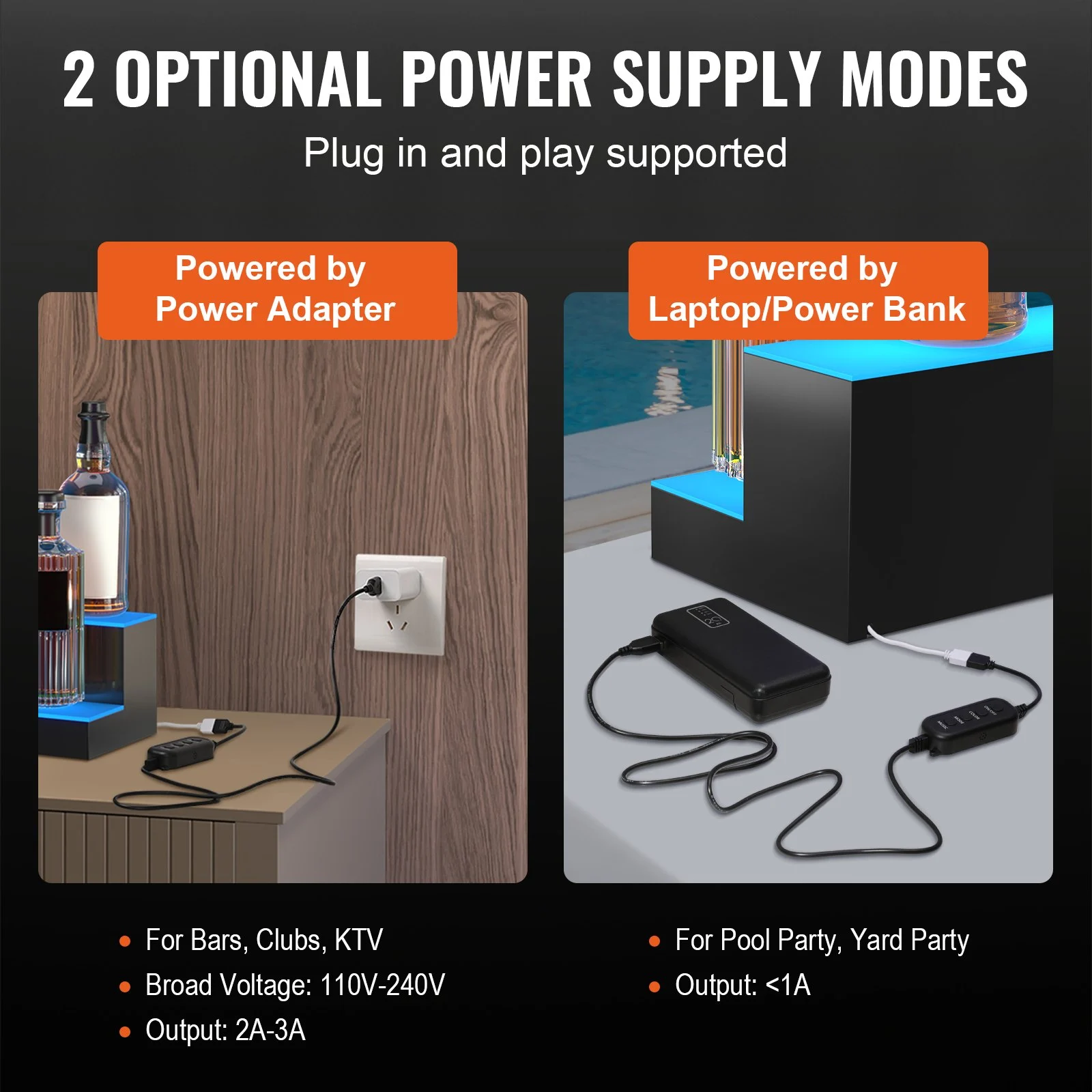 VEVOR Exhibidor de botellas de licor con luz LED, 2 niveles de 24 pulgadas, compatible con USB, estante de barra iluminado para el hogar con control remoto RF y control de aplicación, 7 colores estáticos, s