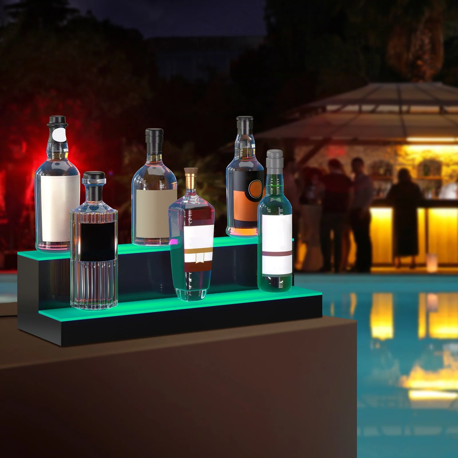 VEVOR Exhibidor de botellas de licor con luz LED, 2 niveles de 24 pulgadas, compatible con USB, estante de barra iluminado para el hogar con control remoto RF y control de aplicación, 7 colores estáticos, s