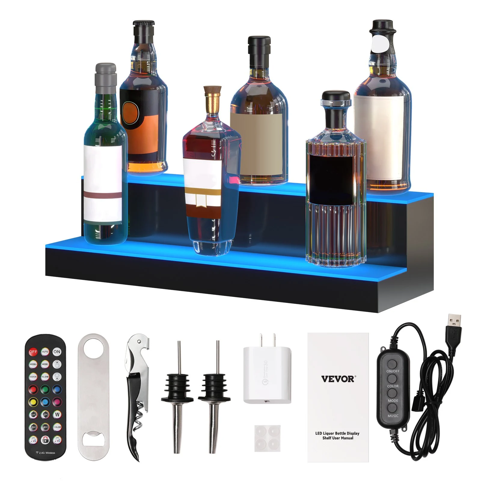 VEVOR Exhibidor de botellas de licor con luz LED, 2 niveles de 24 pulgadas, compatible con USB, estante de barra iluminado para el hogar con control remoto RF y control de aplicación, 7 colores estáticos, s