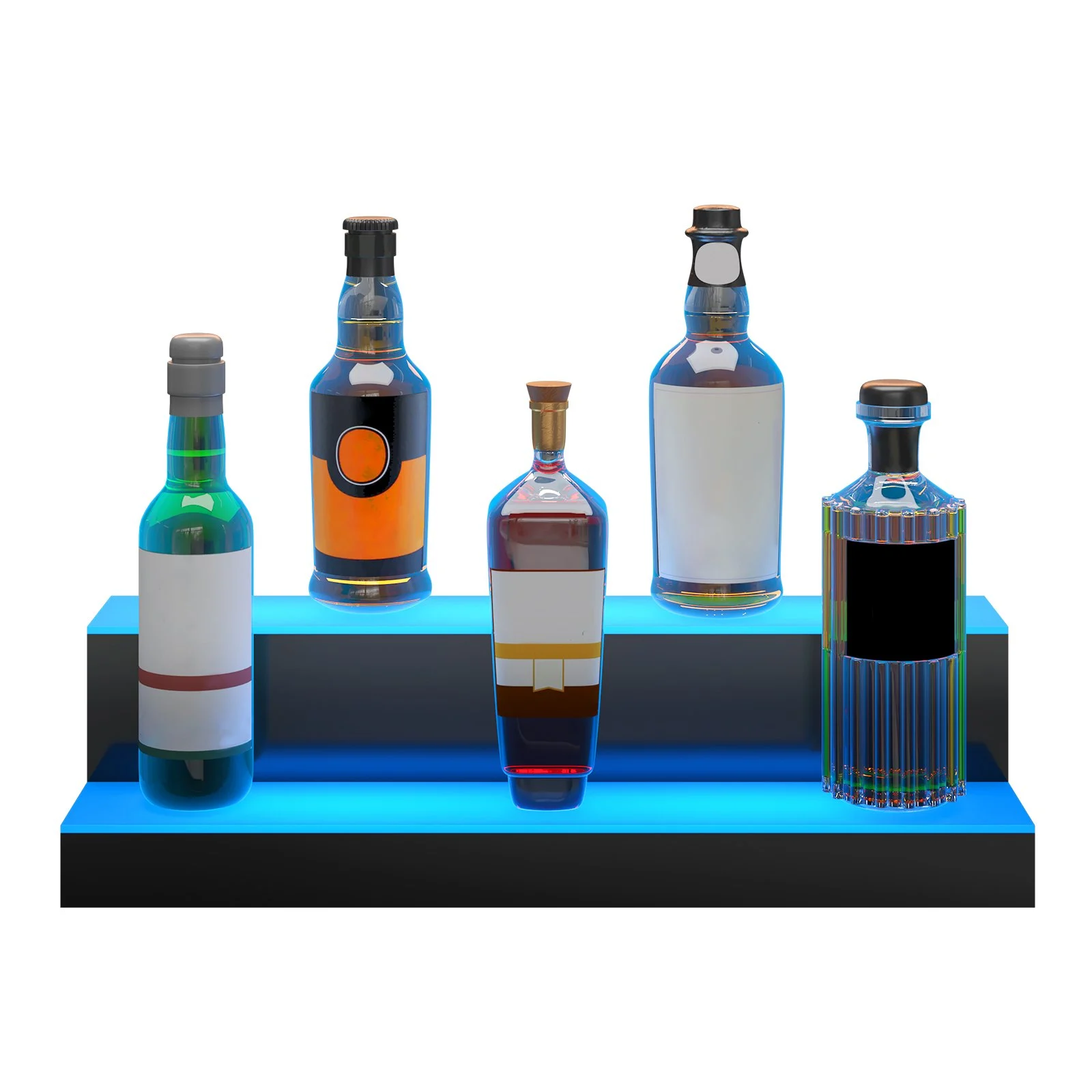 VEVOR Exhibidor de botellas de licor con luz LED, 2 niveles de 24 pulgadas, compatible con USB, estante de barra iluminado para el hogar con control remoto RF y control de aplicación, 7 colores estáticos, s