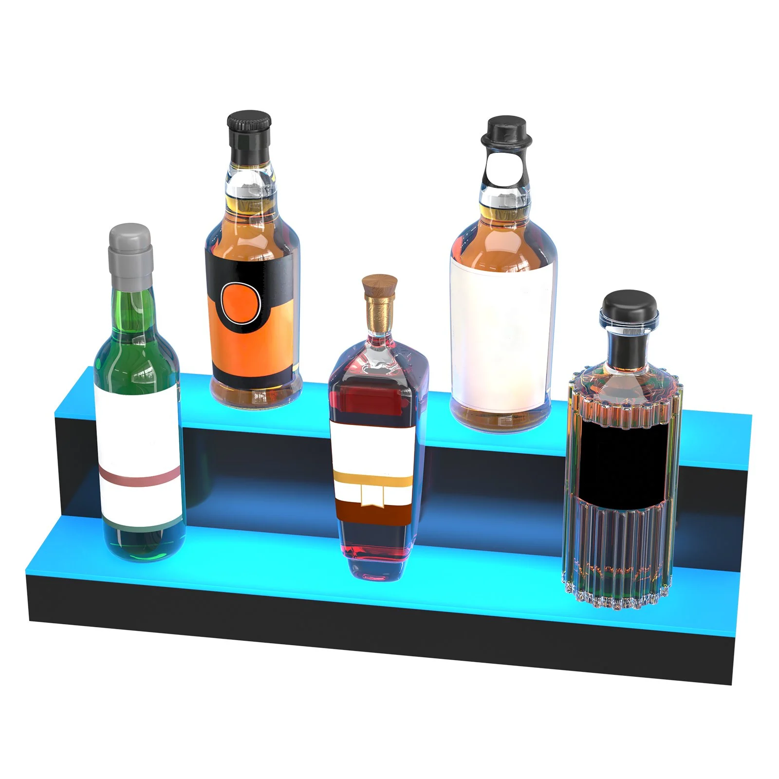 VEVOR Exhibidor de botellas de licor con luz LED, 2 niveles de 24 pulgadas, compatible con USB, estante de barra iluminado para el hogar con control remoto RF y control de aplicación, 7 colores estáticos, s
