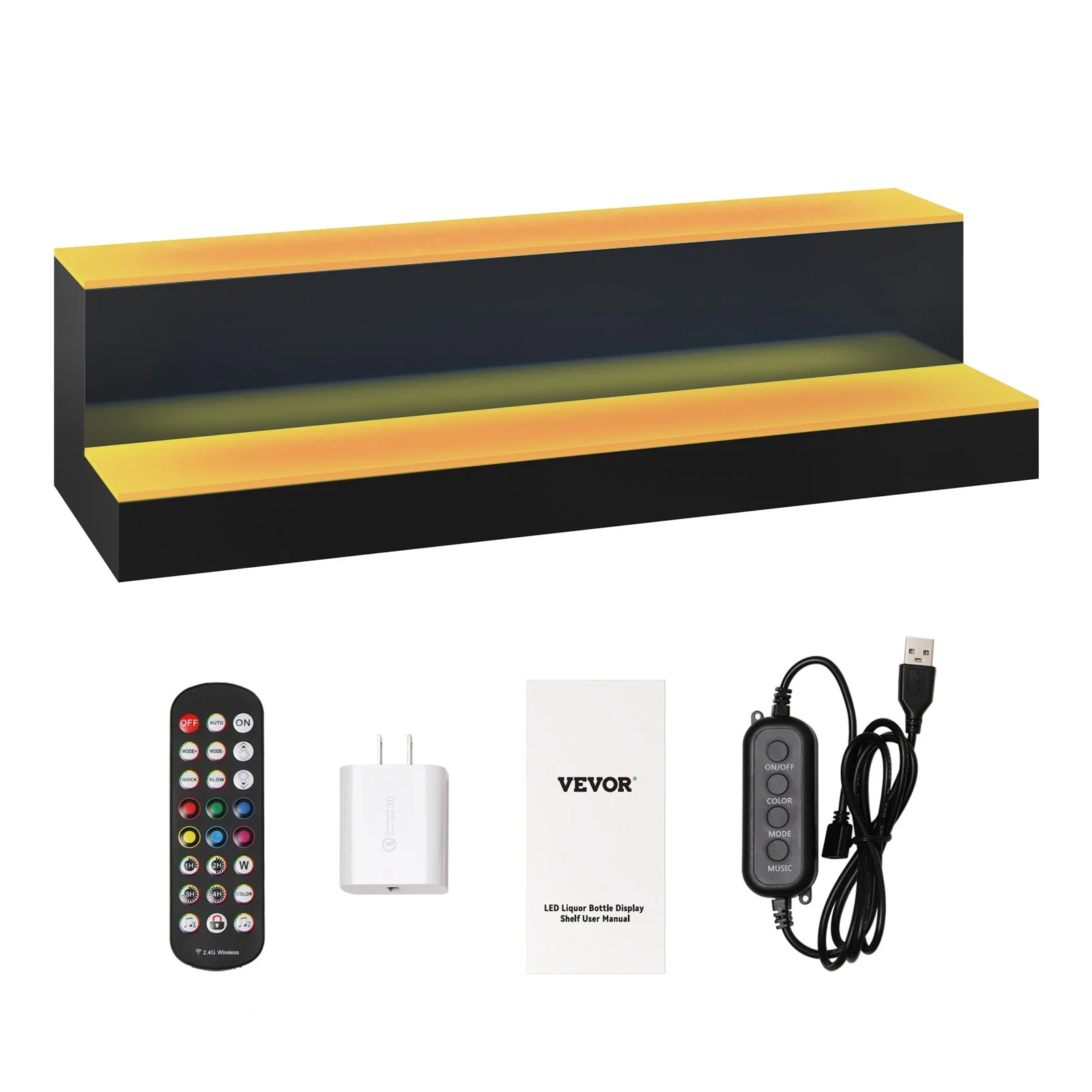 VEVOR Exhibidor de botellas de licor con luz LED, 2 niveles de 24 pulgadas, compatible con USB, estante de barra iluminado para el hogar con control remoto RF y control de aplicación, 7 colores estáticos, s