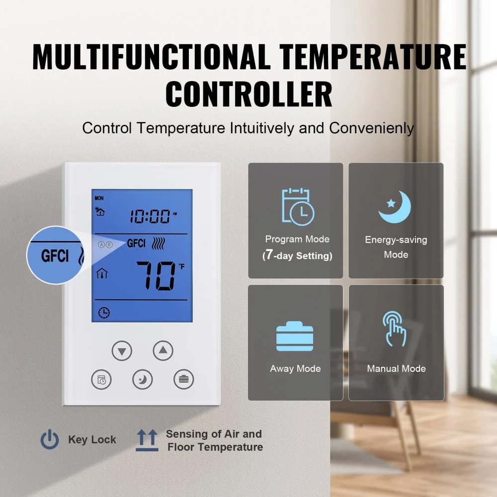 VEVOR Floor Heating Mat, 30 Sq.ft, Electric Radiant In-Floor Heated Warm System with Digital Floor Sensing Thermostat, Includes Installation Monitor, Adhesive Back for Easy Installation on The Floor
