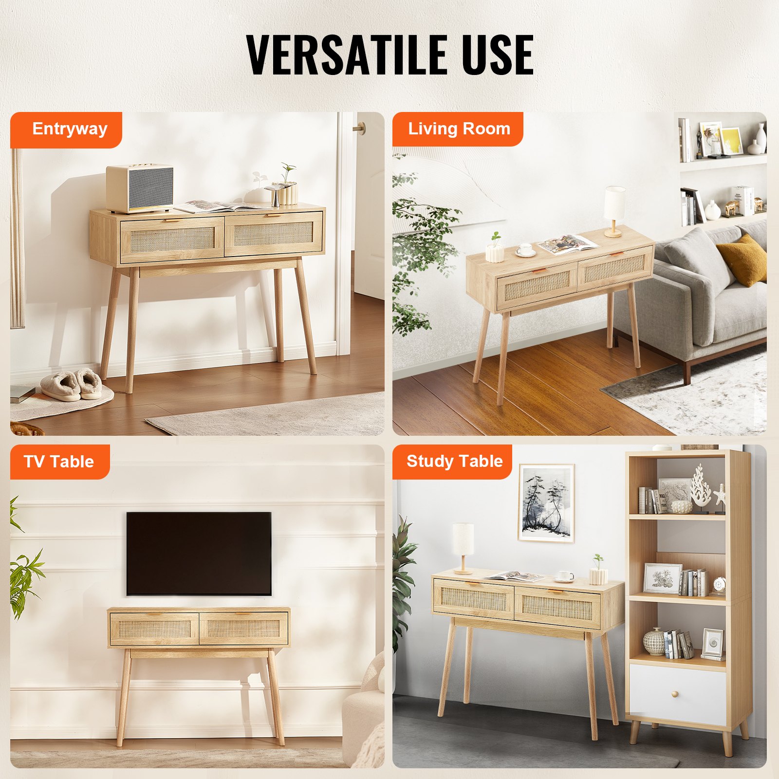 VEVOR Rattan Sofa Table – MDF frame, Drawers, Open Storage